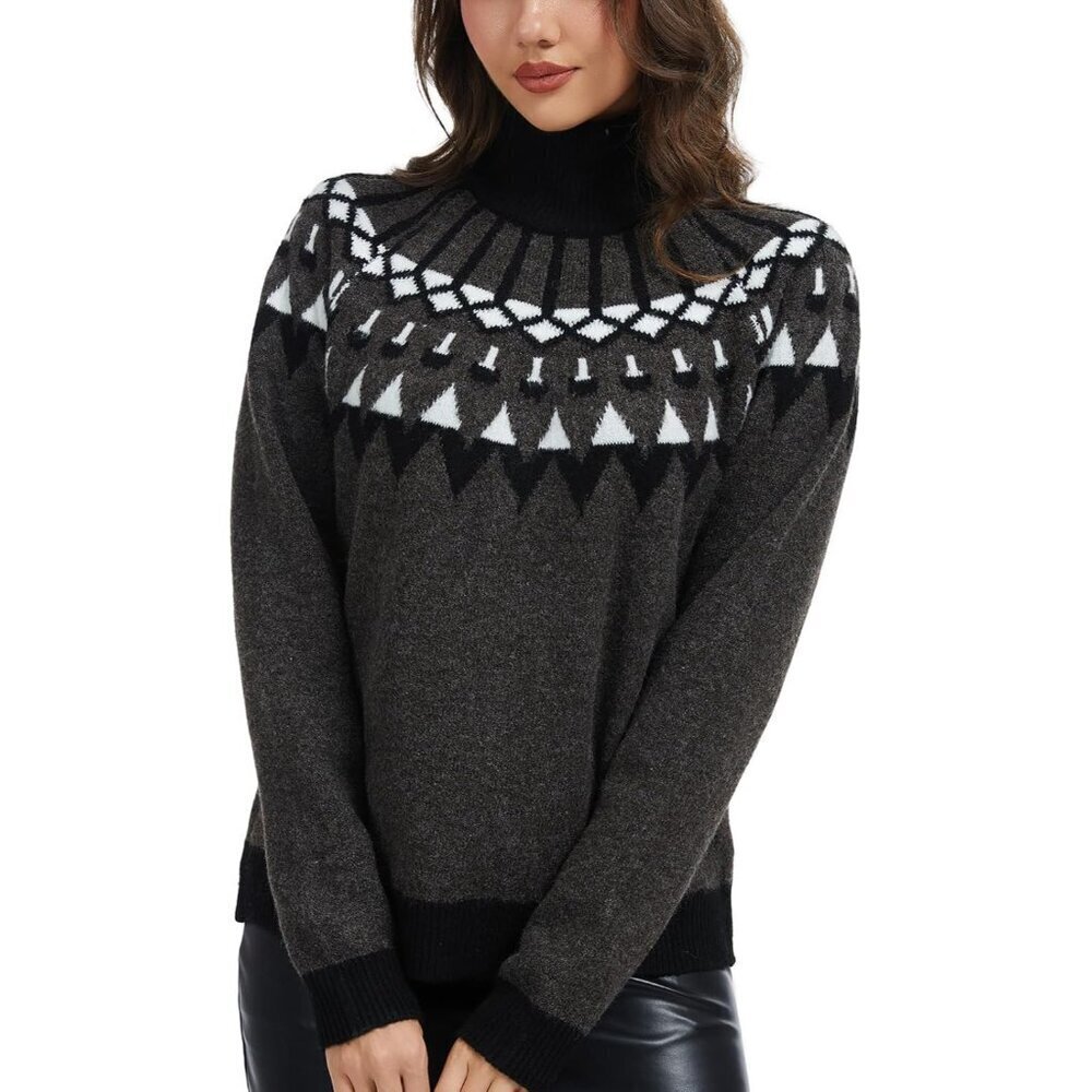 Women's Vintage Fair Isle Sweater Wool Blend Long Sleeve Turtleneck